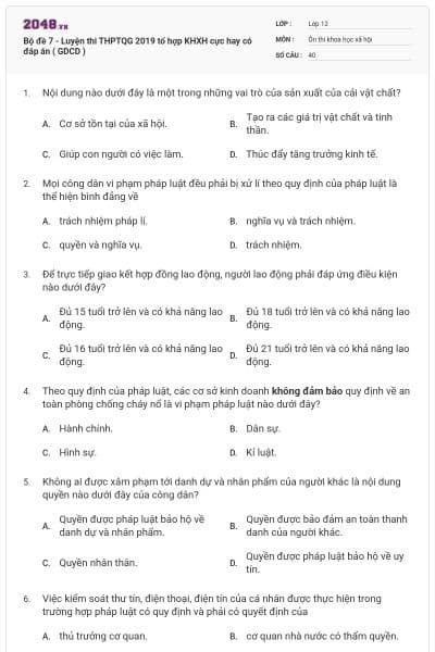 Bộ đề 7 - Luyện thi THPTQG 2019 tổ hợp KHXH cực hay có đáp án ( GDCD )
