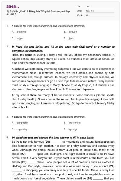 Bộ 5 đề thi giữa kì 2 Tiếng Anh 7 English Discovery có đáp án - Đề 3