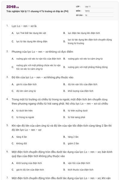 Trắc nghiệm Vật lý 11 chương 4 Từ trường có đáp án (P4)