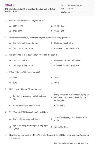 210 câu trắc nghiệm tổng hợp Quan hệ công chúng (Pr) có đáp án - Phần 2