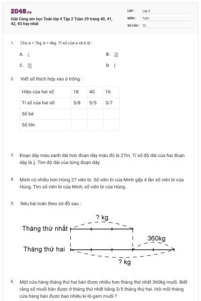 Giải Cùng em học Toán lớp 4 Tập 2 Tuần 29 trang 40, 41, 42, 43 hay nhất