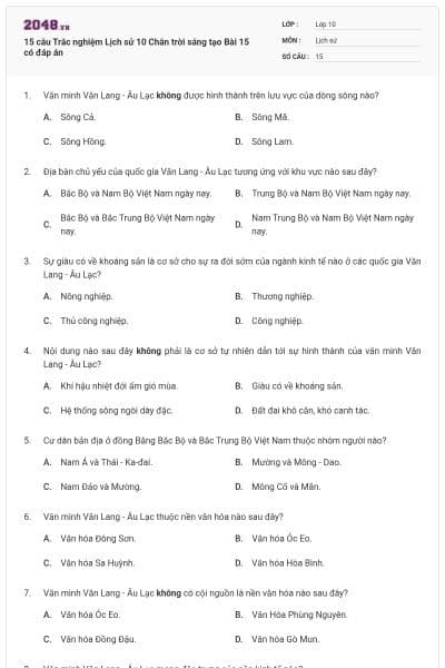 15 câu Trắc nghiệm Lịch sử 10 Chân trời sáng tạo Bài 15 có đáp án