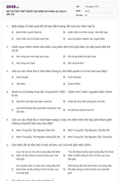 ĐỀ THI THỬ THPT QUỐC GIA NĂM 2019 Môn thi: ĐỊA LÍ (Đề 10)