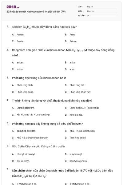 225 câu Lý thuyết Hidrocacbon có lời giải chi tiết (P8)