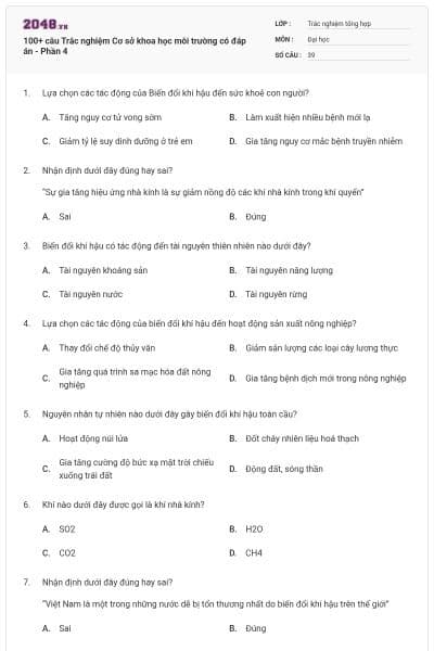 100+ câu Trắc nghiệm Cơ sở khoa học môi trường có đáp án - Phần 4