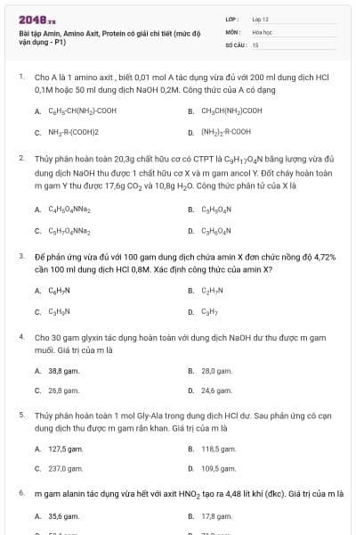 Bài tập Amin, Amino Axit, Protein có giải chi tiết (mức độ vận dụng - P1)