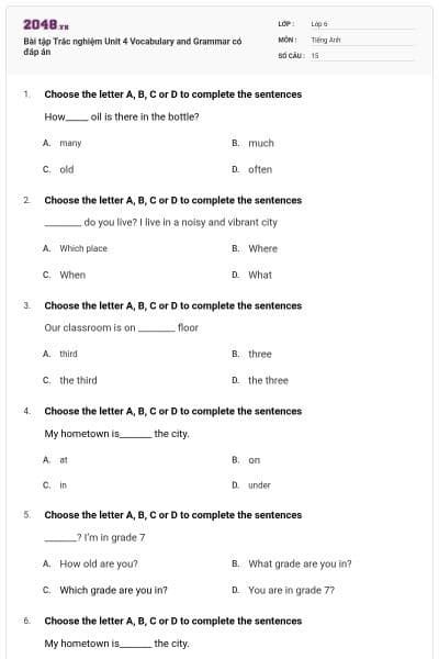 Bài tập Trắc nghiệm Unit 4 Vocabulary and Grammar có đáp án