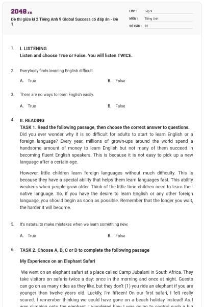 Đề thi giữa kì 2 Tiếng Anh 9 Global Success có đáp án - Đề 1
