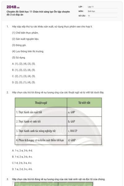 Chuyên đề Sinh học 11 Chân trời sáng tạo Ôn tập chuyên đề 3 có đáp án
