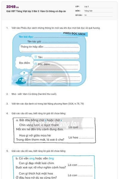 Giải VBT Tiếng Việt lớp 3 Bài 3: Vàm Cỏ Đông có đáp án