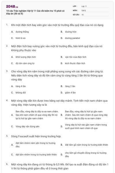 10 câu Trắc nghiệm Vật lý 11 Các đề kiểm tra 15 phút có đáp án (đề số 8)