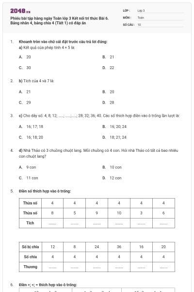 Phiếu bài tập hàng ngày Toán lớp 3 Kết nối tri thức Bài 6. Bảng nhân 4, bảng chia 4 (Tiết 1) có đáp án