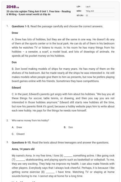 20 câu trắc nghiệm Tiếng Anh 8 Unit 1. Free time - Reading & Writing - iLearn smart world có đáp án