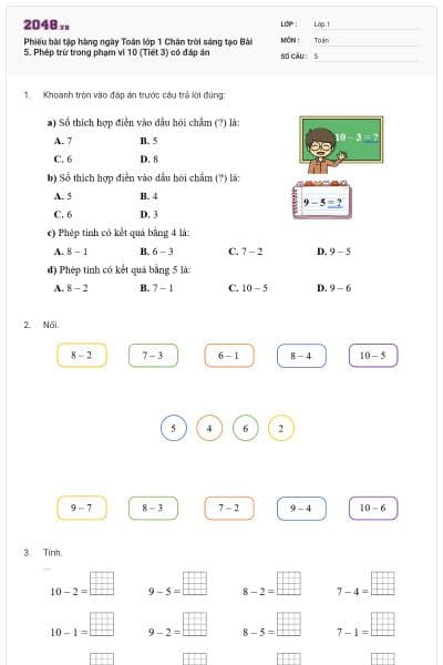 Phiếu bài tập hàng ngày Toán lớp 1 Chân trời sáng tạo Bài 5. Phép trừ trong phạm vi 10 (Tiết 3) có đáp án