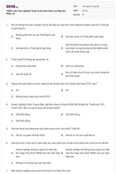 1000+ câu Trắc nghiệm Thuế và kế toán thuế (có đáp án) - Phần 16