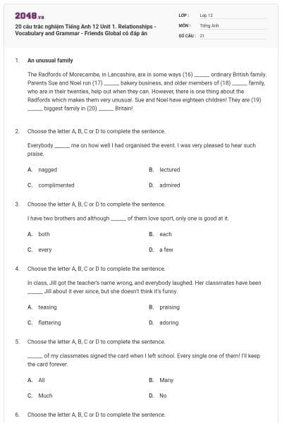 20 câu trắc nghiệm Tiếng Anh 12 Unit 1. Relationships - Vocabulary and Grammar - Friends Global có đáp án