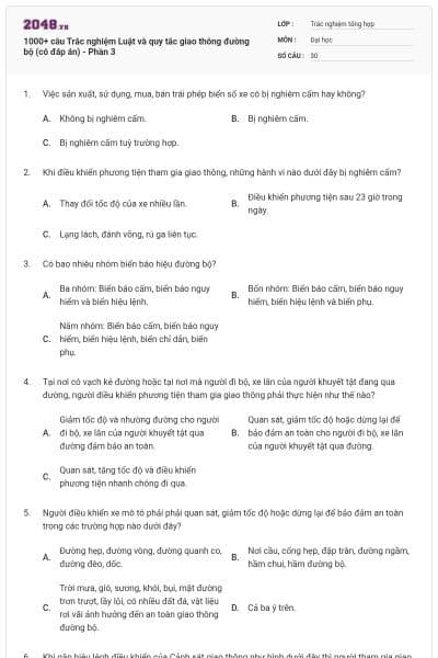 1000+ câu Trắc nghiệm Luật và quy tắc giao thông đường bộ (có đáp án) - Phần 3