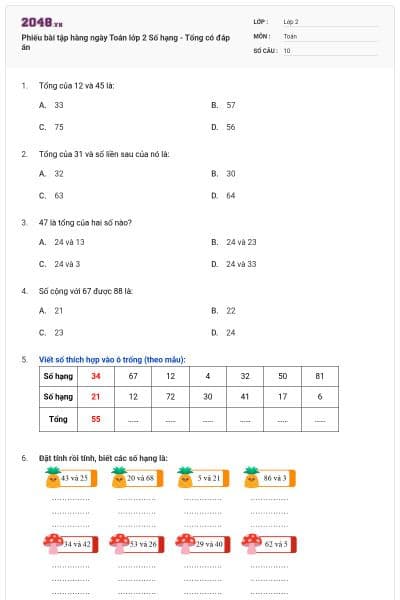 Phiếu bài tập hàng ngày Toán lớp 2 Số hạng - Tổng có đáp án
