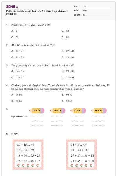 Phiếu bài tập hàng ngày Toán lớp 2 Em làm được những gì có đáp án