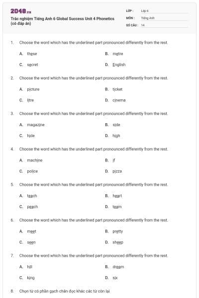 Trắc nghiệm Tiếng Anh 6 Global Success Unit 4 Phonetics (có đáp án)