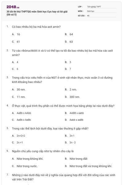30 đề thi thử THPTQG môn Sinh học Cực hay có lời giải (Đề số 5)