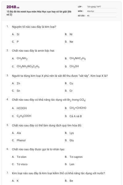 15 Bộ đề thi minh họa môn Hóa Học cực hay có lời giải (Đề số 2)