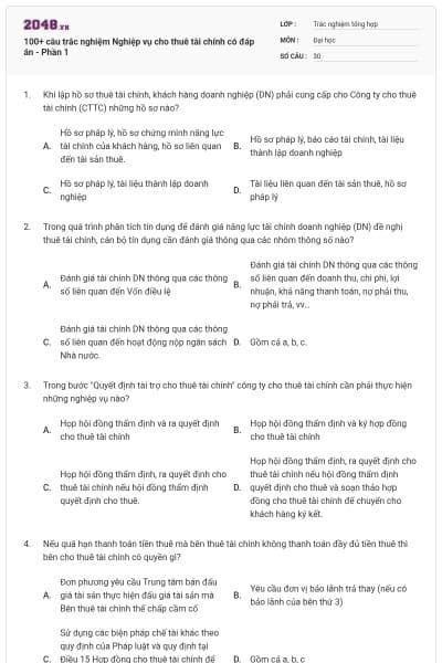 100+ câu trắc nghiệm Nghiệp vụ cho thuê tài chính có đáp án - Phần 1