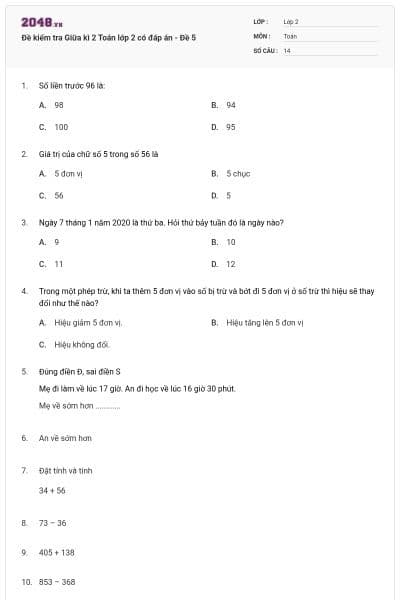 Đề kiểm tra Giữa kì 2 Toán lớp 2 có đáp án - Đề 5