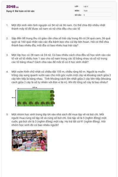 Dạng 4: Bài toán có lời văn