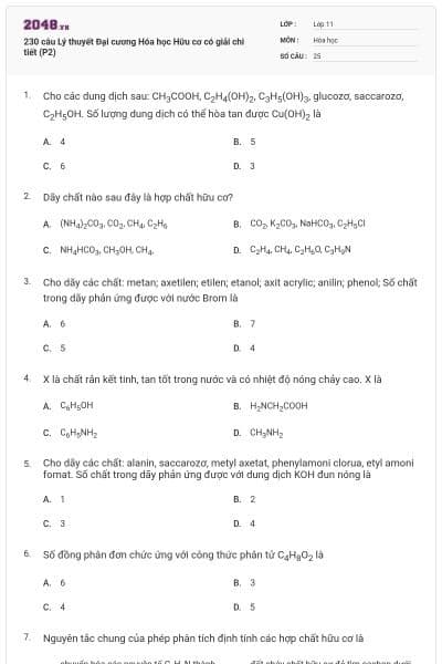 230 câu Lý thuyết Đại cương Hóa học Hữu cơ có giải chi tiết (P2)