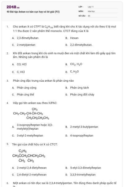 40 Bài tập Ankan cơ bản cực hay có lời giải (P2)