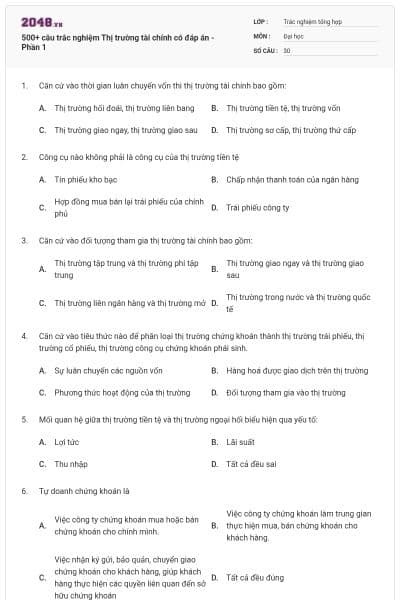 500+ câu trắc nghiệm Thị trường tài chính có đáp án - Phần 1