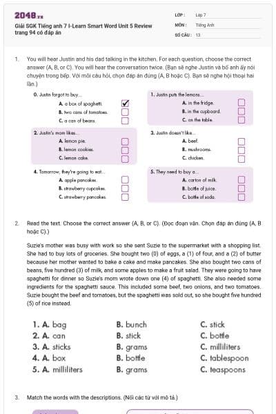 Giải SGK Tiếng anh 7 I-Learn Smart Word Unit 5 Review trang 94 có đáp án