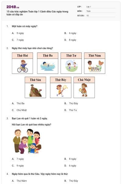 15 câu trắc nghiệm Toán lớp 1 Cánh diều Các ngày trong tuần có đáp án
