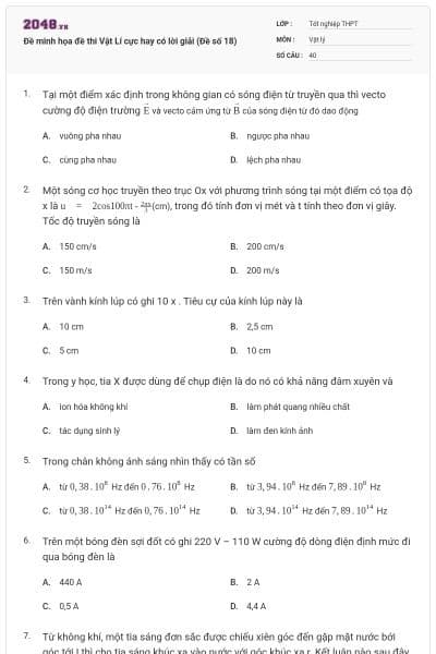 Đề minh họa đề thi Vật Lí cực hay có lời giải (Đề số 18)