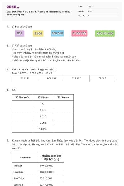 Giải SGK Toán 4 CD Bài 13. Viết số tự nhiên trong hệ thập phân có đáp án