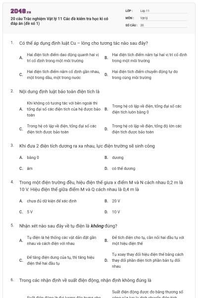 20 câu Trắc nghiệm Vật lý 11 Các đề kiểm tra học kì có đáp án (đề số 1)