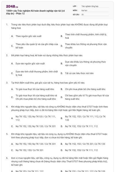 1000+ câu Trắc nghiệm Kế toán doanh nghiệp vận tải (có đáp án) - Phần 12