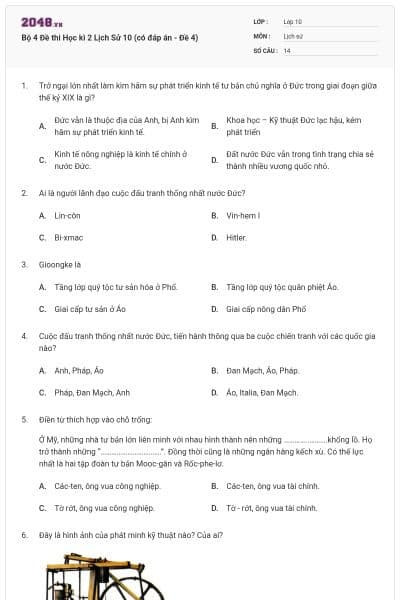 Bộ 4  Đề thi Học kì 2 Lịch Sử 10 (có đáp án - Đề 4)