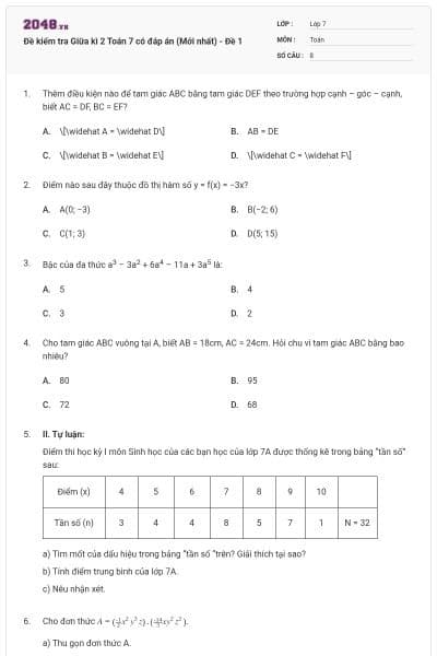 Đề kiểm tra Giữa kì 2 Toán 7 có đáp án (Mới nhất) - Đề 1