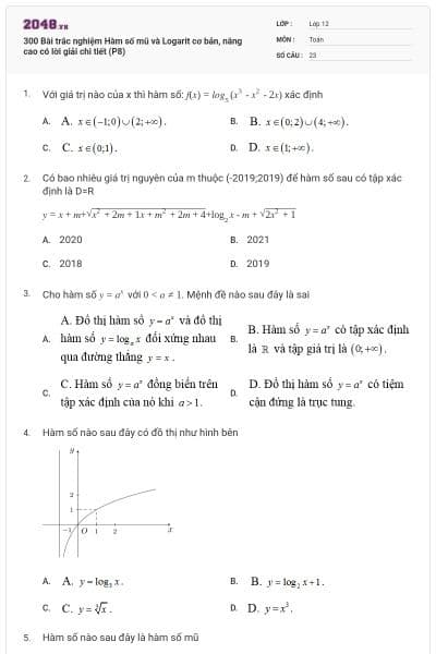 300 Bài trắc nghiệm Hàm số mũ và Logarit cơ bản, nâng cao có lời giải chi tiết (P8)