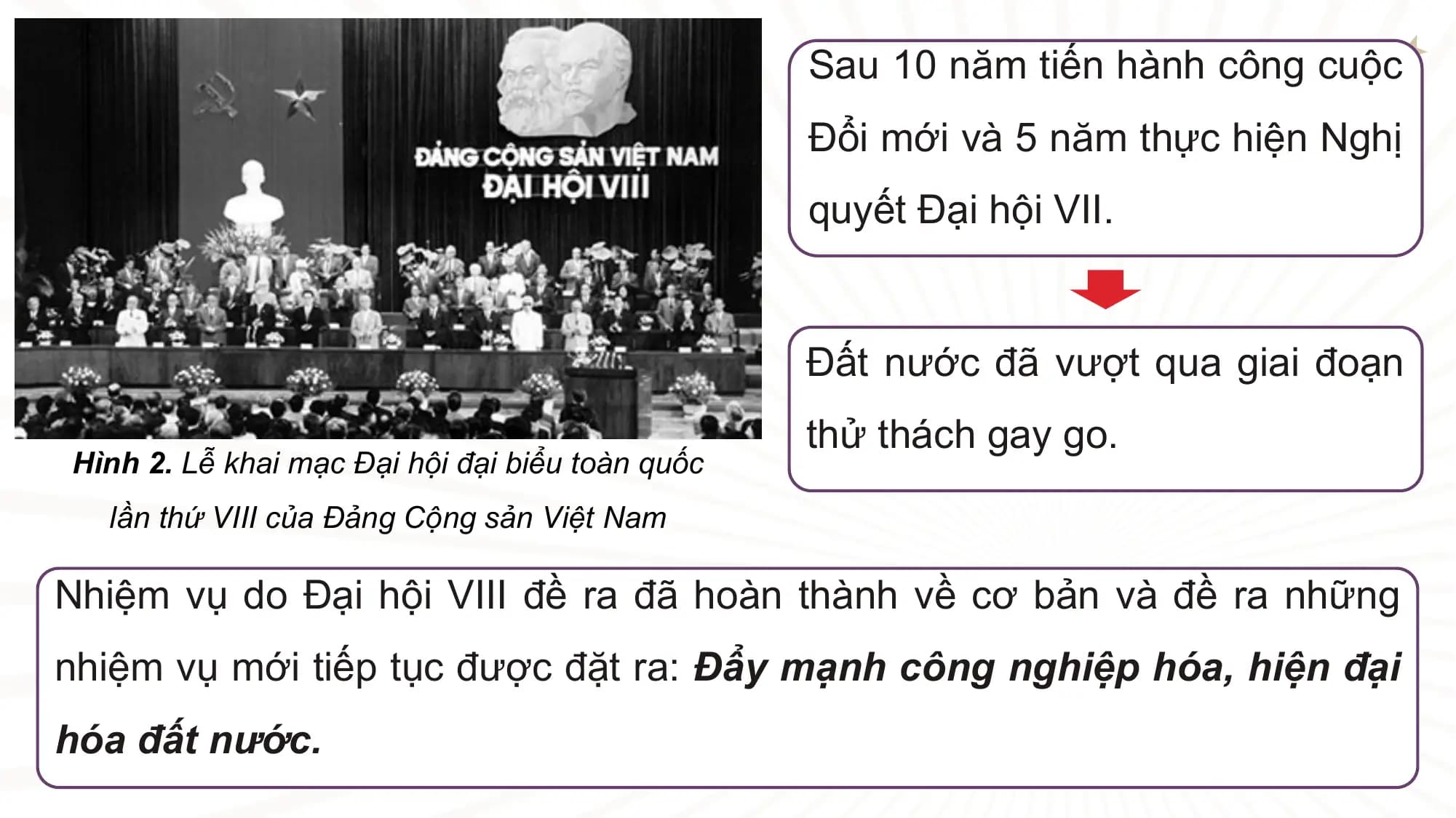 Sau 10 năm tiến hành công cuộc
 Đổi mới và 5 năm thực hiện Nghị
 quyết Đại hội VII.

 Đất nước đã vượt qua giai đoạn
 thử thách gay go.
Hình 2. Lễ khai mạc Đại hội đại biểu toàn quốc
 lần thứ VIII của Đảng Cộng sản Việt Nam

Nhiệm vụ do Đại hội VIII đề ra đã hoàn thành về cơ bản và đề ra những
nhiệm vụ mới tiếp tục được đặt ra: Đẩy mạnh công nghiệp hóa, hiện đại
hóa đất nước.