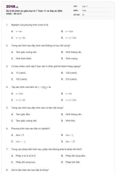 Bộ 8  Đề kiểm tra giữa học kì 1 Toán 11 có đáp án (Mới nhất) - Đề số 5