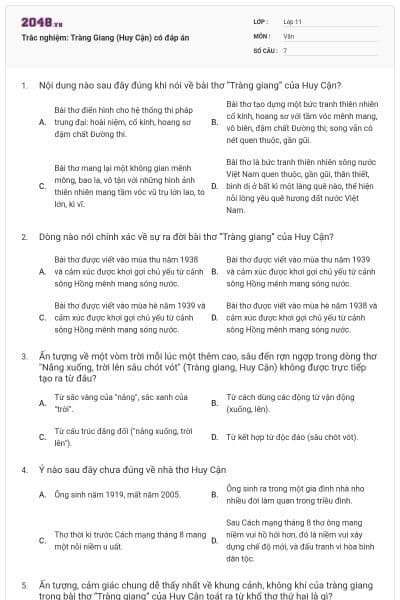 Trắc nghiệm: Tràng Giang (Huy Cận) có đáp án
