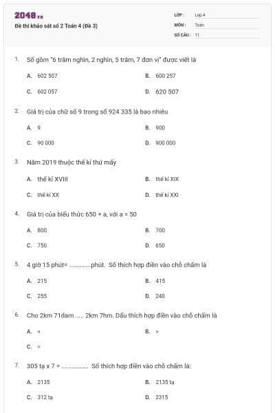 Đề thi khảo sát số 2 Toán 4 (Đề 3)