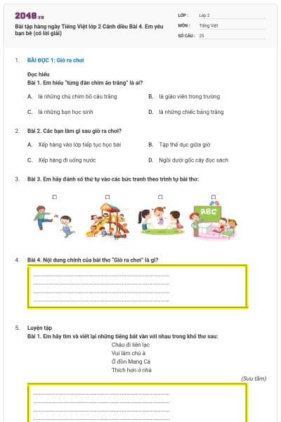 Bài tập hàng ngày Tiếng Việt lớp 2 Cánh diều Bài 4. Em yêu bạn bè (có lời giải)