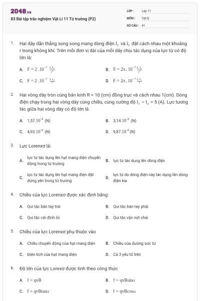 83 Bài tập trắc nghiệm Vật Lí 11 Từ trường (P2)