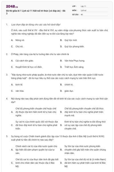 Đề thi giữa kì 1 Lịch sử 11 Kết nối tri thức (có đáp án) - Đề 3
