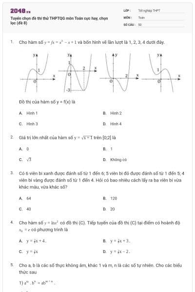 Tuyển chọn đề thi thử THPTQG môn Toán cực hay, chọn lọc (đề 8)