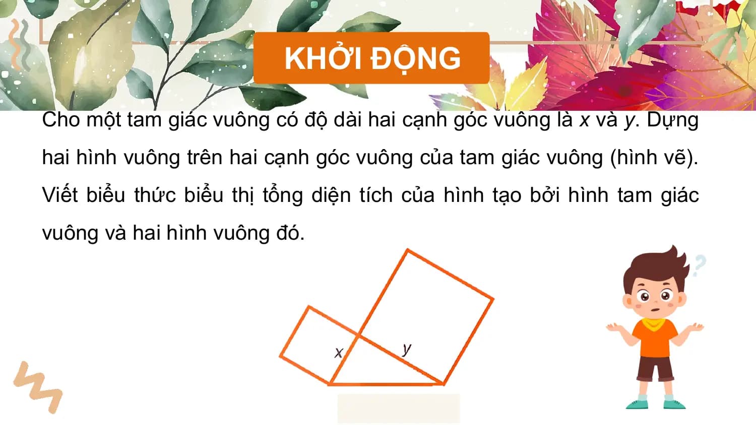 KHỞI ĐỘNG
Cho một tam giác vuông có độ dài hai cạnh góc vuông là x và y. Dựng
hai hình vuông trên hai cạnh góc vuông của tam giác vuông (hình vẽ).
Viết biểu thức biểu thị tổng diện tích của hình tạo bởi hình tam giác
vuông và hai hình vuông đó.